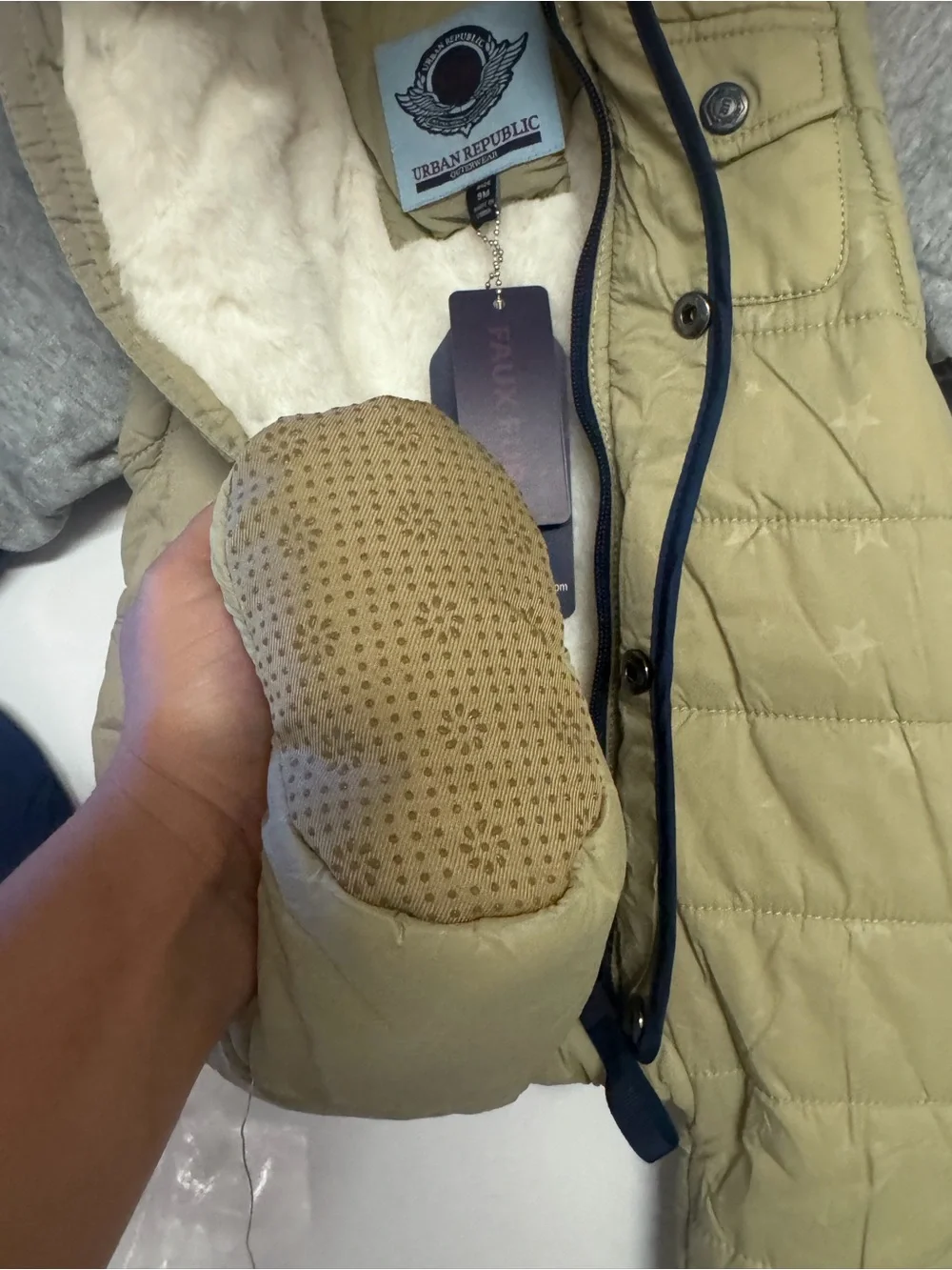 Kids Quilted Hooded One-Piece Snowsuit in Beige and Navy